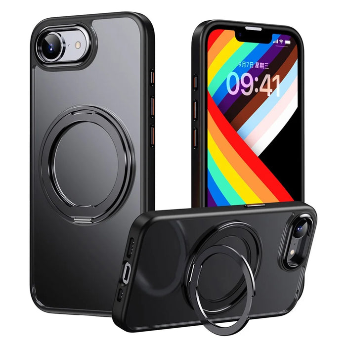For iPhone 17e / 16e Case Rotating Kickstand PC + TPU Skin-Feel Phone Cover - Black - 1