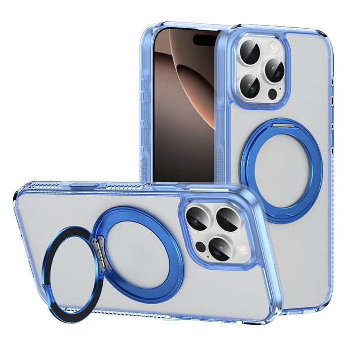 For iPhone 16 Pro Case Rotating Kickstand  PC + TPU Magnetic Phone Cover with Camera Touch Control Button - Transparent Blue - 1