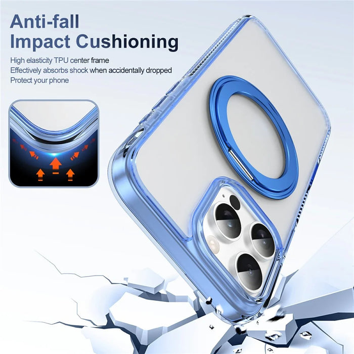 For iPhone 16 Pro Case Rotating Kickstand  PC + TPU Magnetic Phone Cover with Camera Touch Control Button - Transparent Blue - 6