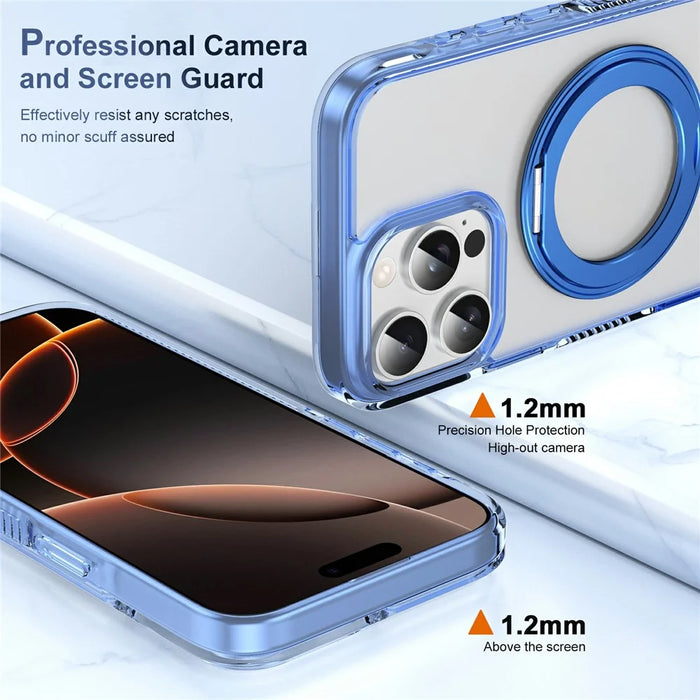 For iPhone 16 Pro Case Rotating Kickstand  PC + TPU Magnetic Phone Cover with Camera Touch Control Button - Transparent Blue - 7