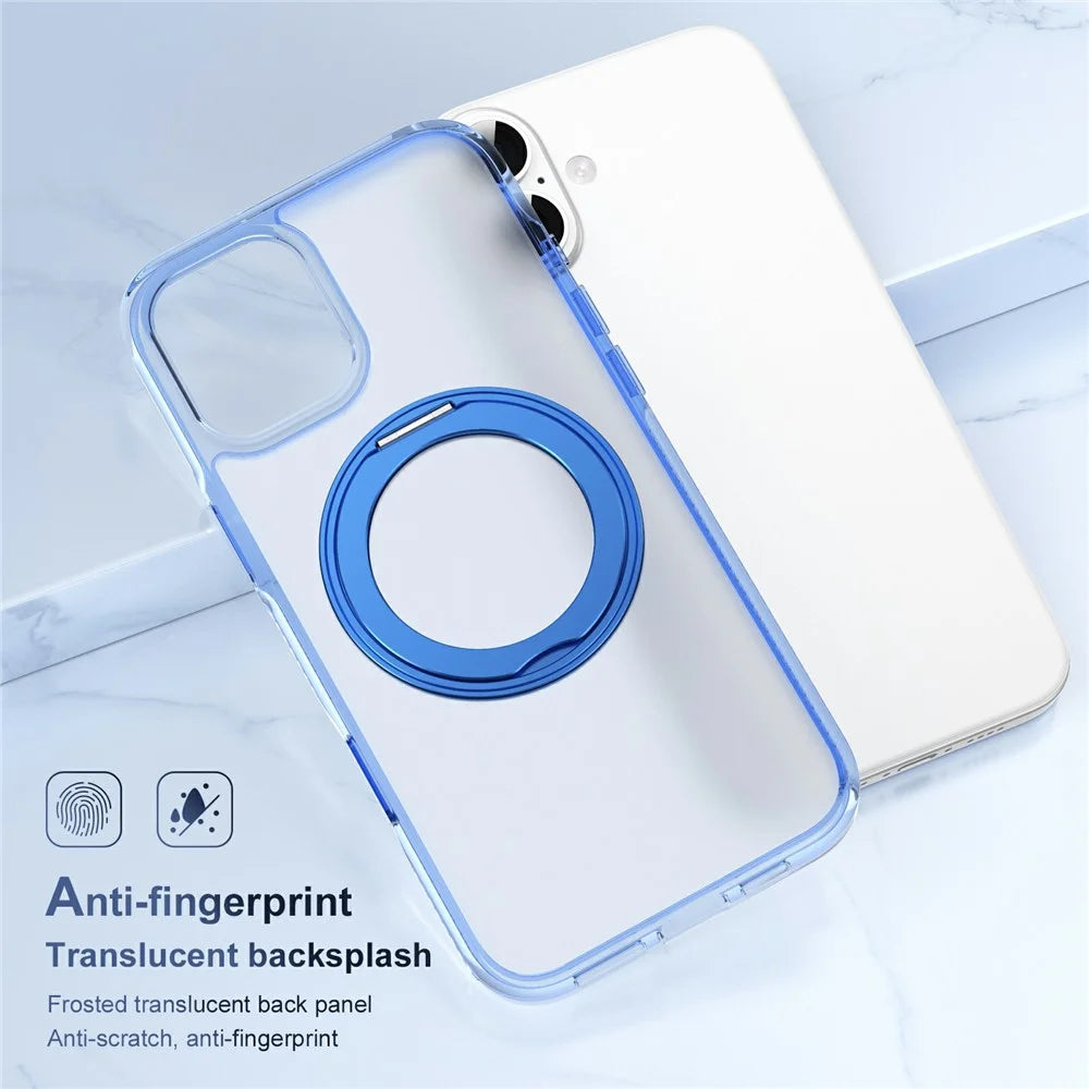 For iPhone 16 Plus Case with Camera Touch Control Button Rotating Kickstand PC + TPU Magnetic Phone Cover - Transparent Blue - 3