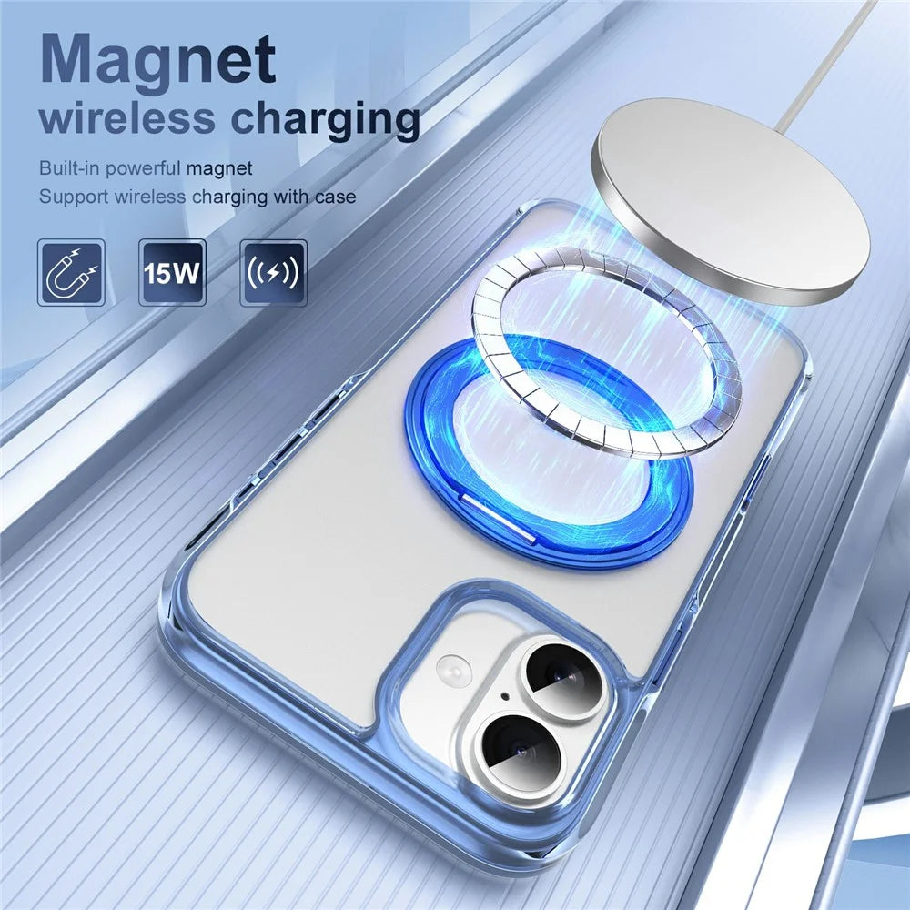 For iPhone 16 Plus Case with Camera Touch Control Button Rotating Kickstand PC + TPU Magnetic Phone Cover - Transparent Blue - 4