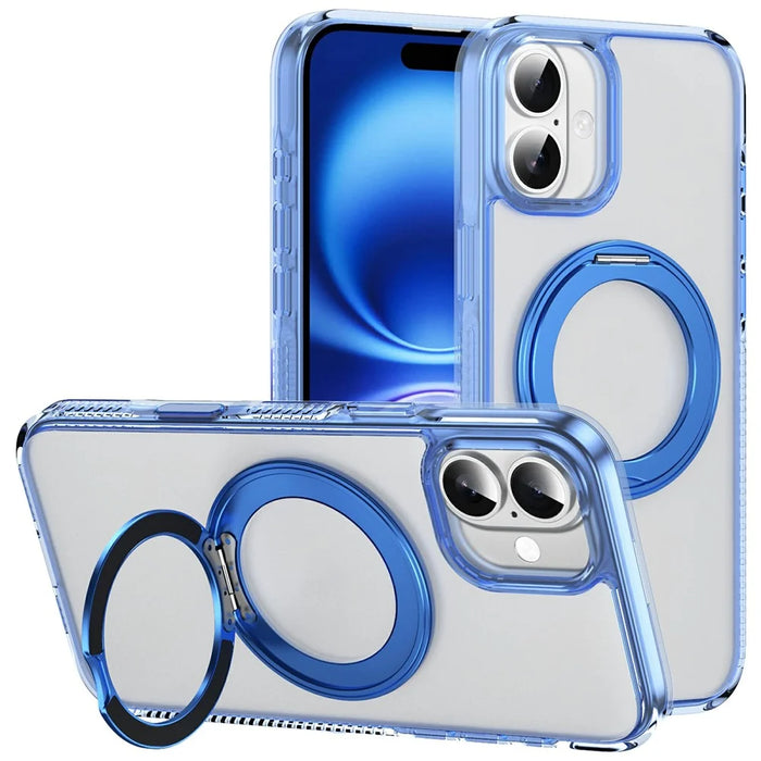 For iPhone 16 Case with Camera Touch Control Button Rotating Kickstand PC + TPU Magnetic Phone Cover - Transparent Blue - 1