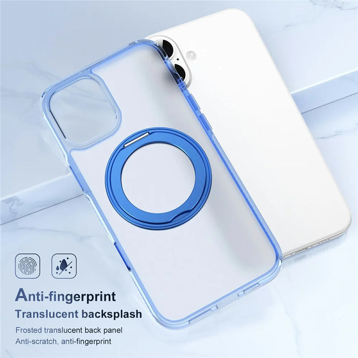 For iPhone 16 Case with Camera Touch Control Button Rotating Kickstand PC + TPU Magnetic Phone Cover - Transparent Blue - 3