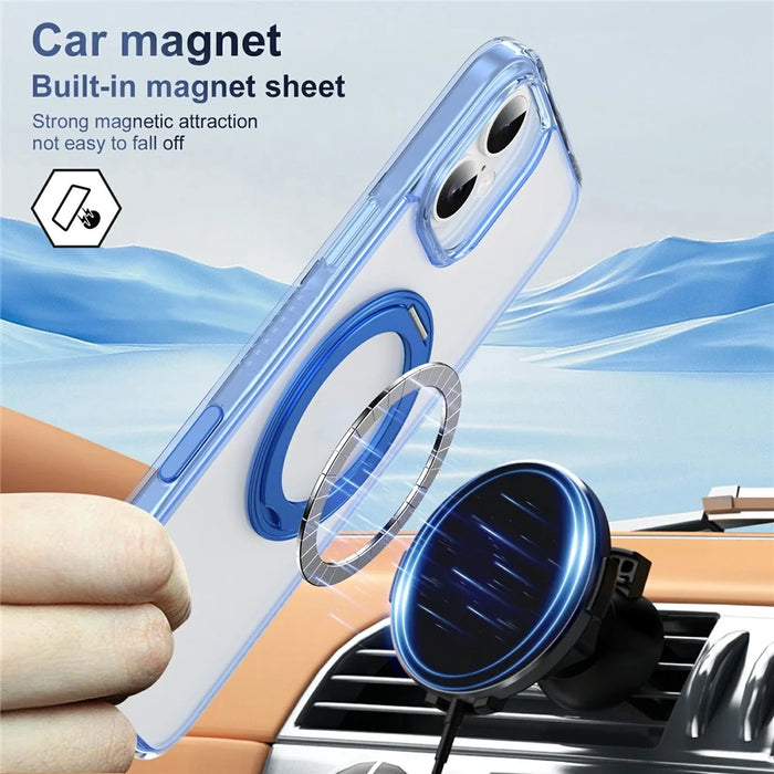 For iPhone 16 Case with Camera Touch Control Button Rotating Kickstand PC + TPU Magnetic Phone Cover - Transparent Blue - 5