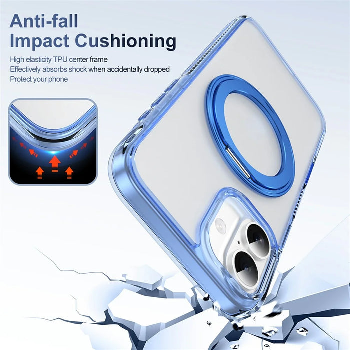For iPhone 16 Case with Camera Touch Control Button Rotating Kickstand PC + TPU Magnetic Phone Cover - Transparent Blue - 6