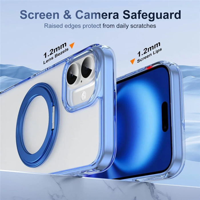For iPhone 16 Case with Camera Touch Control Button Rotating Kickstand PC + TPU Magnetic Phone Cover - Transparent Blue - 7