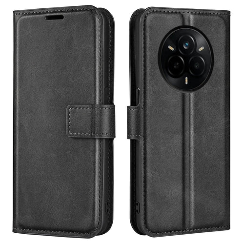 For Realme 14 Pro 5G Stand Case Anti-Scratch Calf Texture Leather Phone Cover - Black - 1