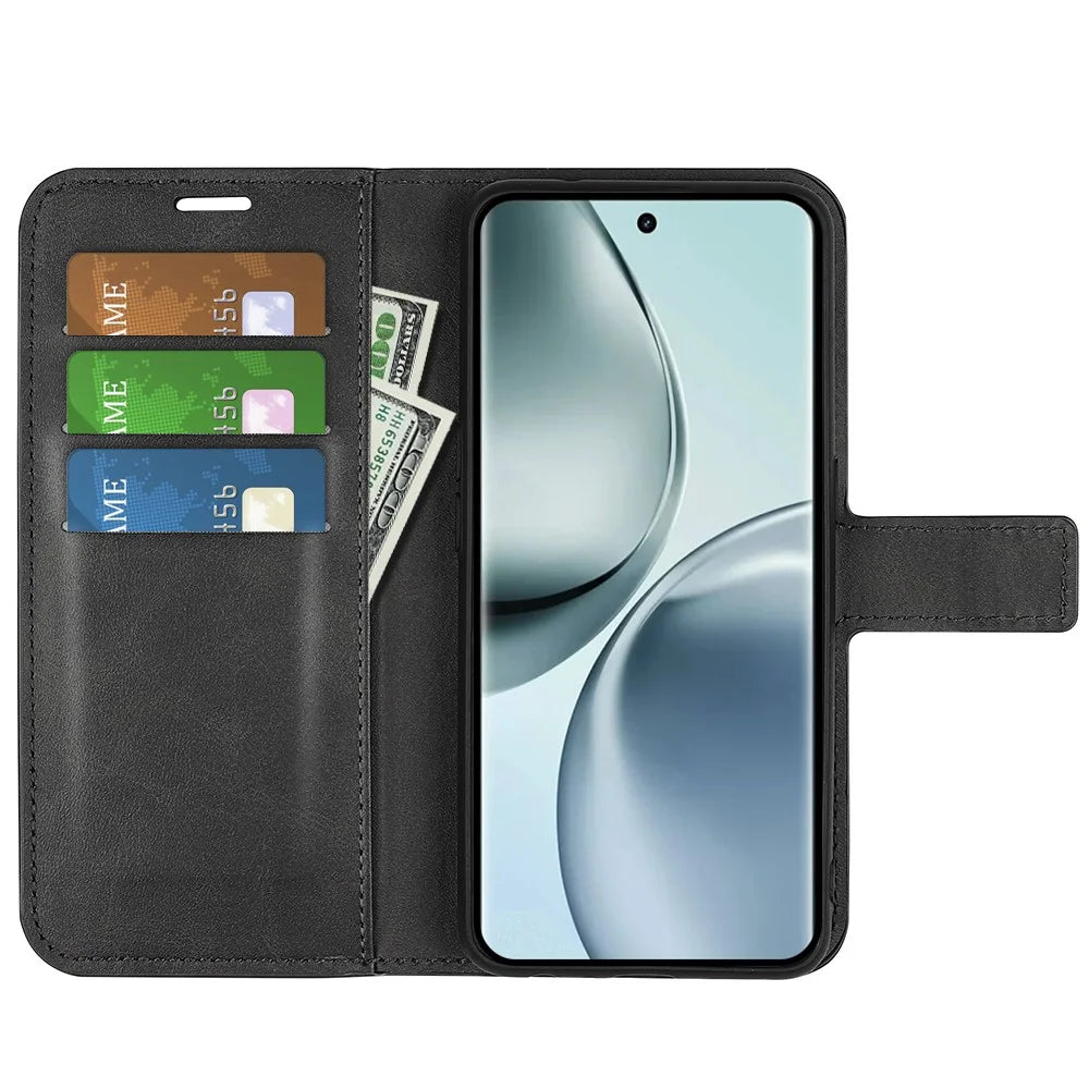 For Realme 14 Pro 5G Stand Case Anti-Scratch Calf Texture Leather Phone Cover - Black - 2