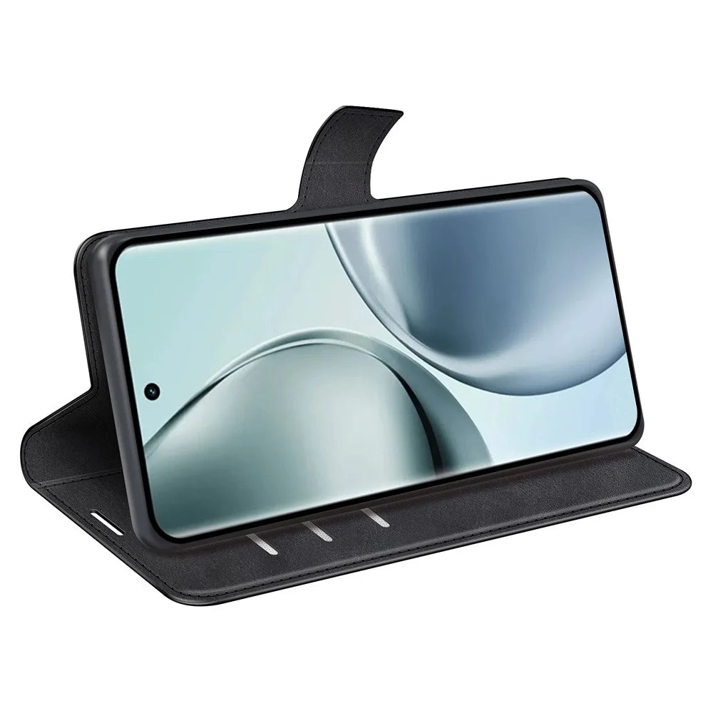 For Realme 14 Pro 5G Stand Case Anti-Scratch Calf Texture Leather Phone Cover - Black - 3