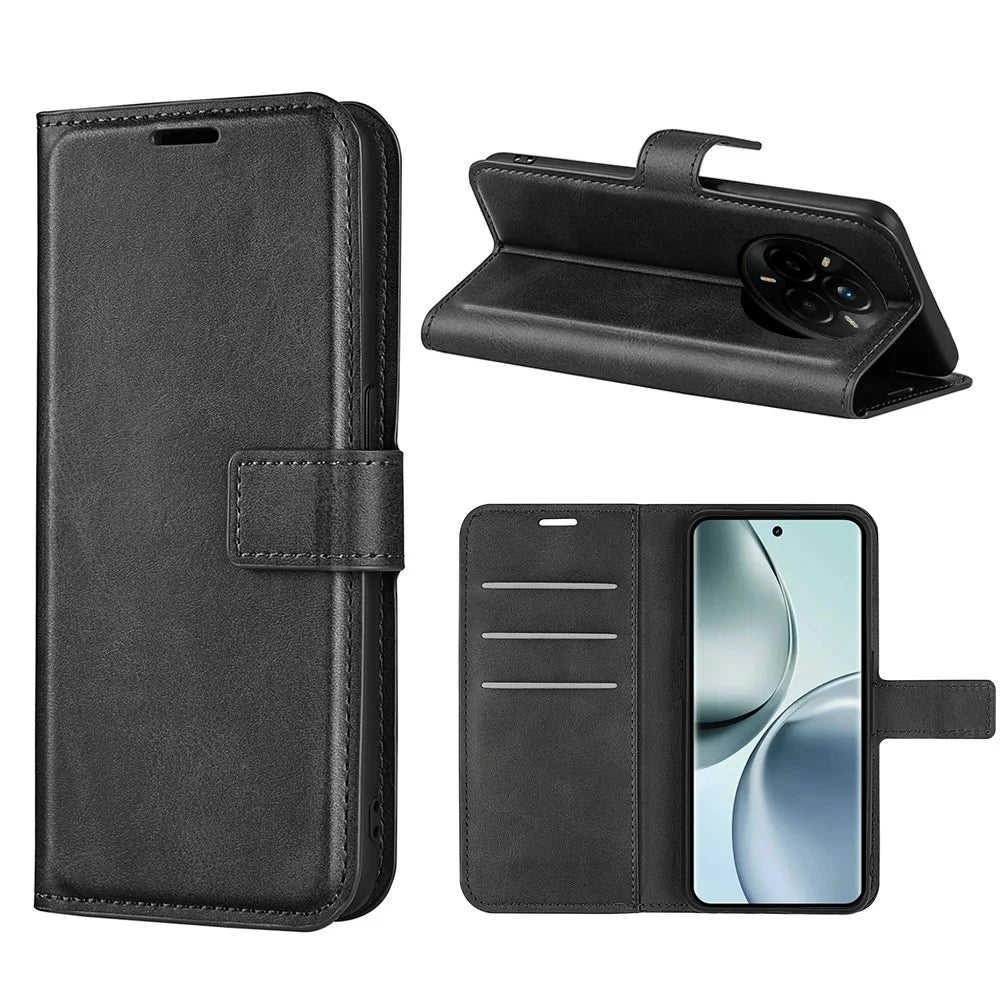 For Realme 14 Pro 5G Stand Case Anti-Scratch Calf Texture Leather Phone Cover - Black - 7
