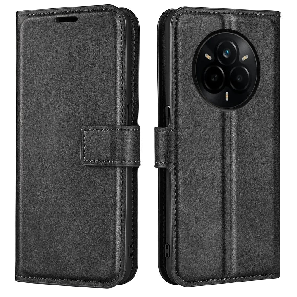 For Realme 14 Pro+ 5G Stand Case Anti-Scratch Calf Texture Leather Phone Cover - Black - 1