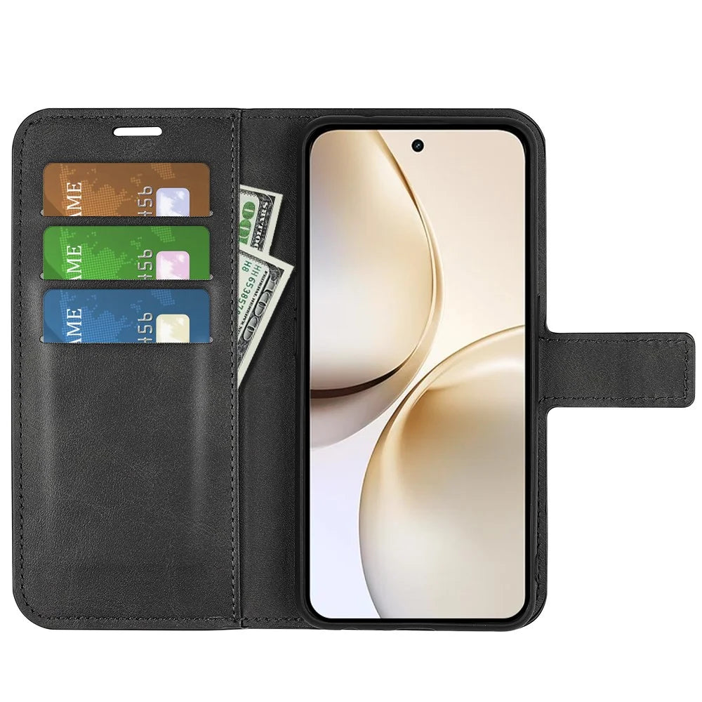 For Realme 14 Pro+ 5G Stand Case Anti-Scratch Calf Texture Leather Phone Cover - Black - 2