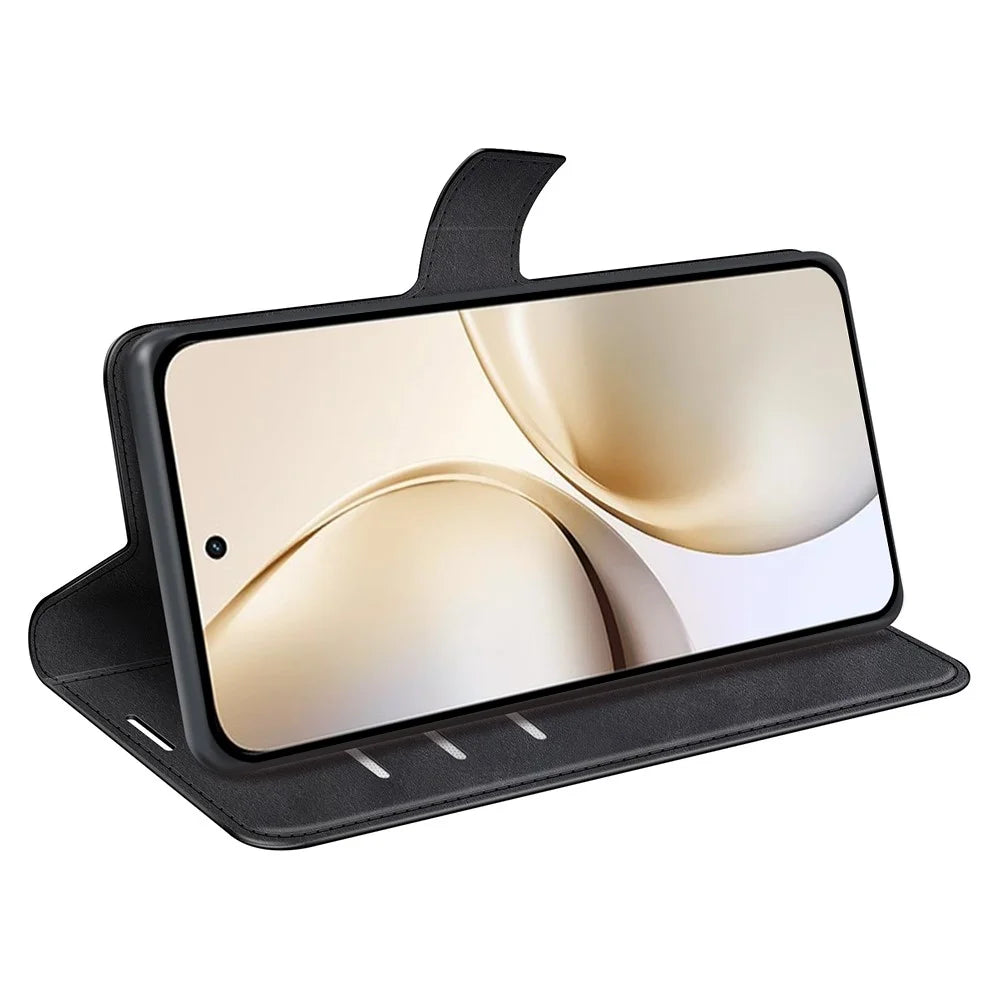 For Realme 14 Pro+ 5G Stand Case Anti-Scratch Calf Texture Leather Phone Cover - Black - 3