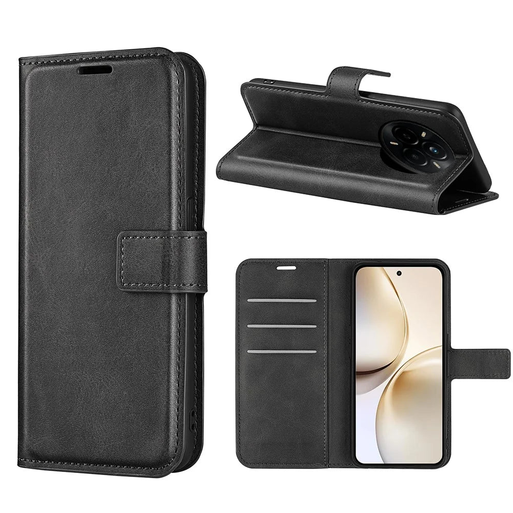 For Realme 14 Pro+ 5G Stand Case Anti-Scratch Calf Texture Leather Phone Cover - Black - 7
