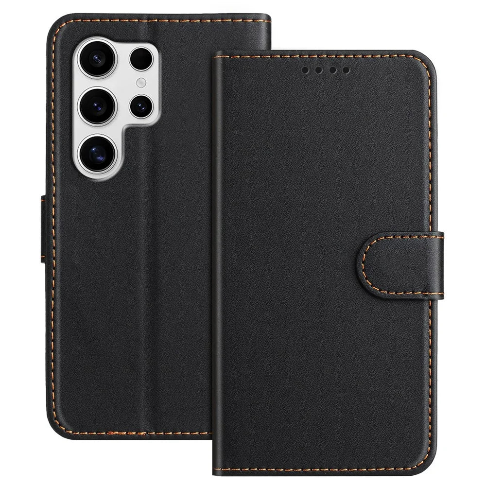 For Samsung Galaxy S25 Ultra Leather Case Wallet Stand Solid Color Anti Drop Phone Cover - Black - 1