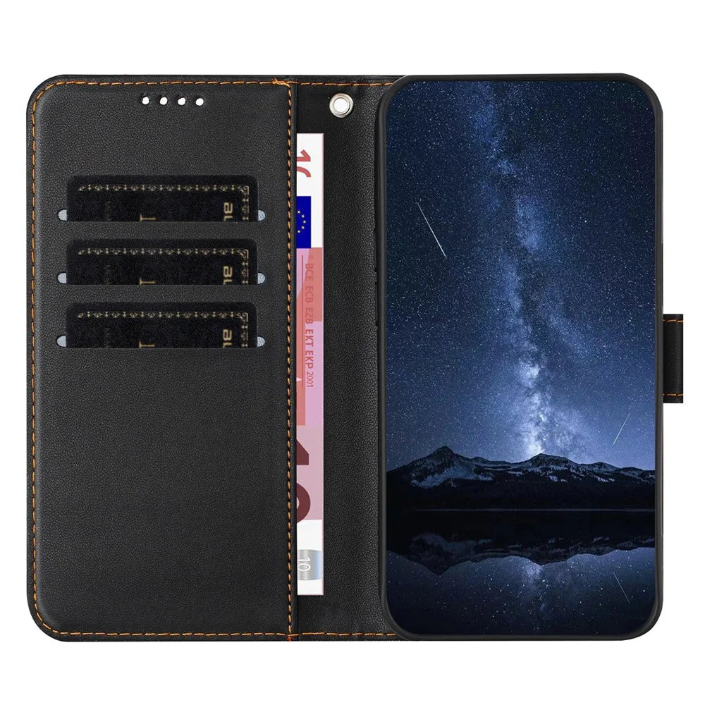 For Samsung Galaxy S25 Ultra Leather Case Wallet Stand Solid Color Anti Drop Phone Cover - Black - 2