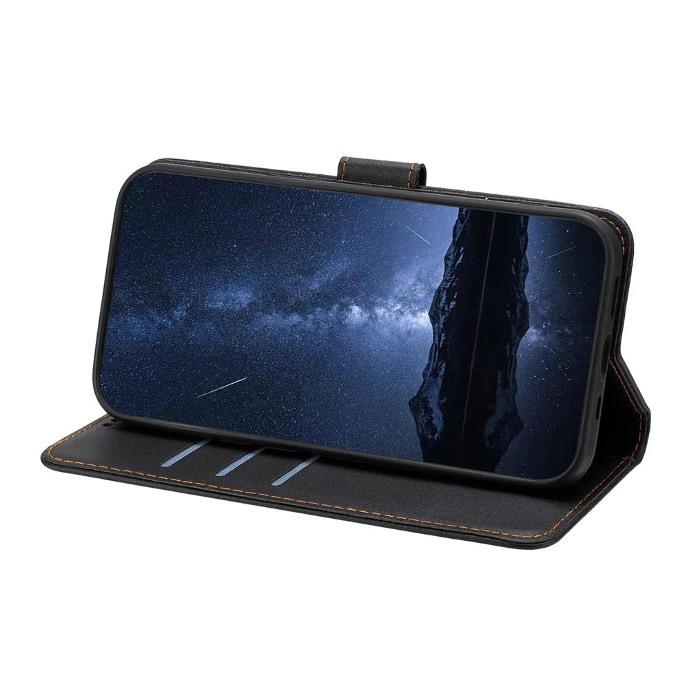 For Samsung Galaxy S25 Ultra Leather Case Wallet Stand Solid Color Anti Drop Phone Cover - Black - 3