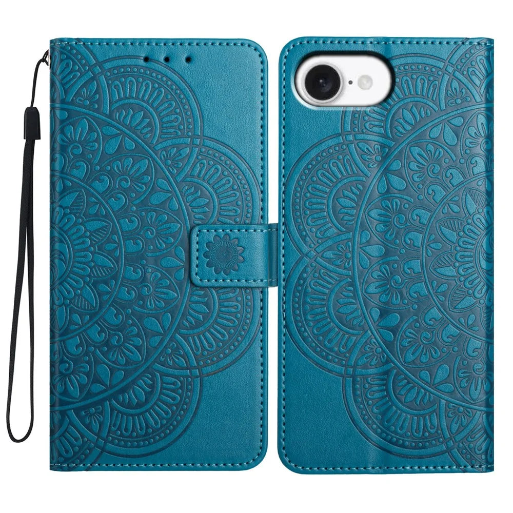 For iPhone 17e / 16e Wallet Phone Case Butterfly Floral Imprint Leather Flip Cover with Strap - Blue - 1