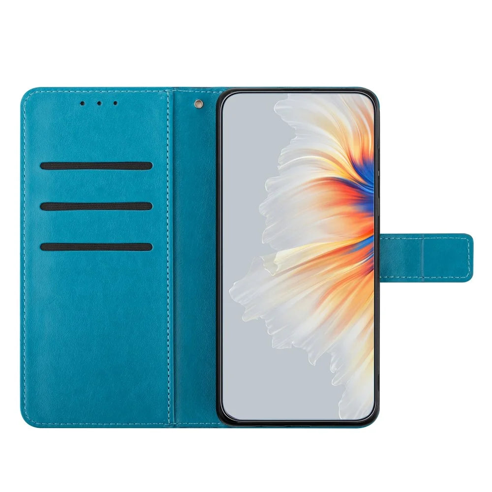 For iPhone 17e / 16e Wallet Phone Case Butterfly Floral Imprint Leather Flip Cover with Strap - Blue - 2