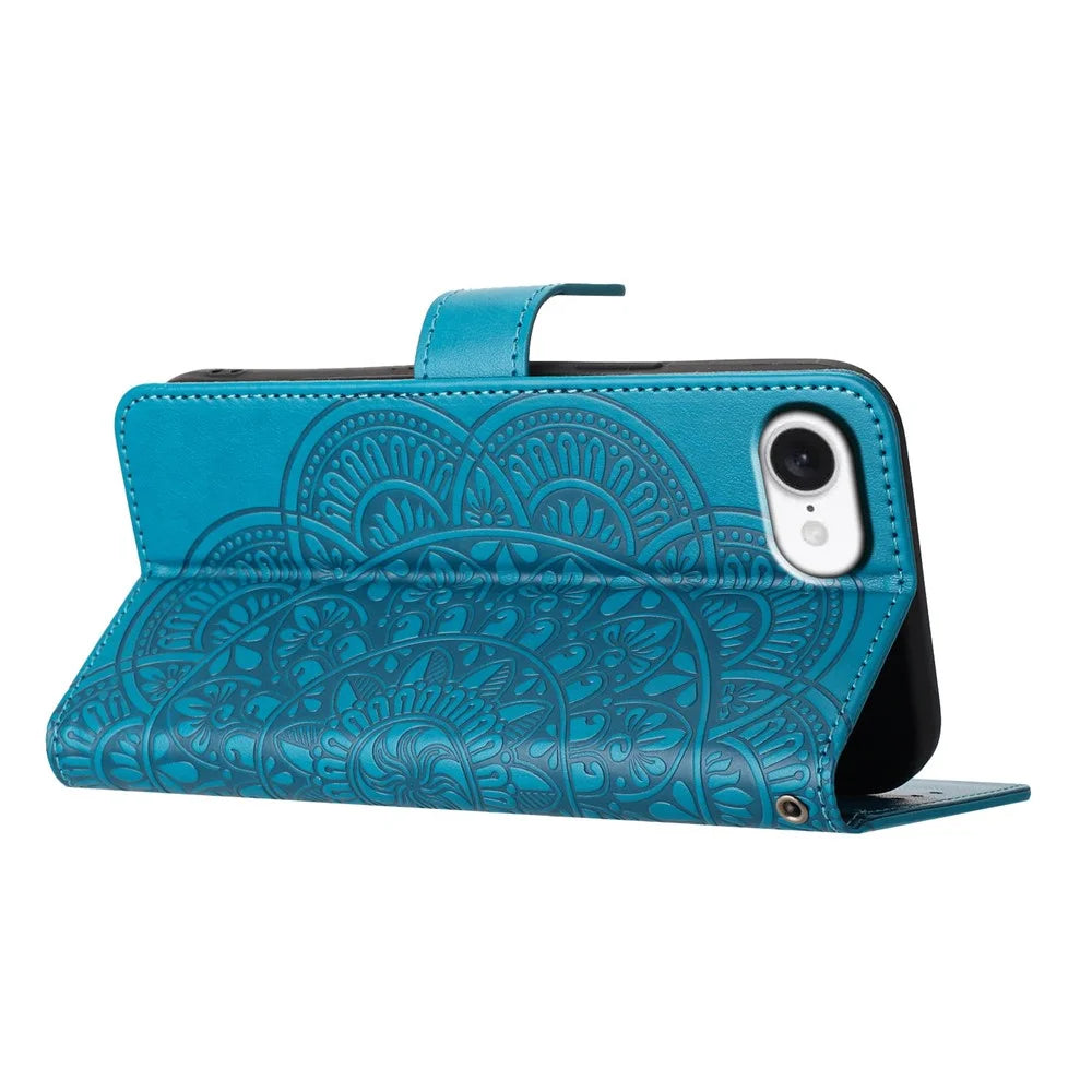 For iPhone 17e / 16e Wallet Phone Case Butterfly Floral Imprint Leather Flip Cover with Strap - Blue - 3