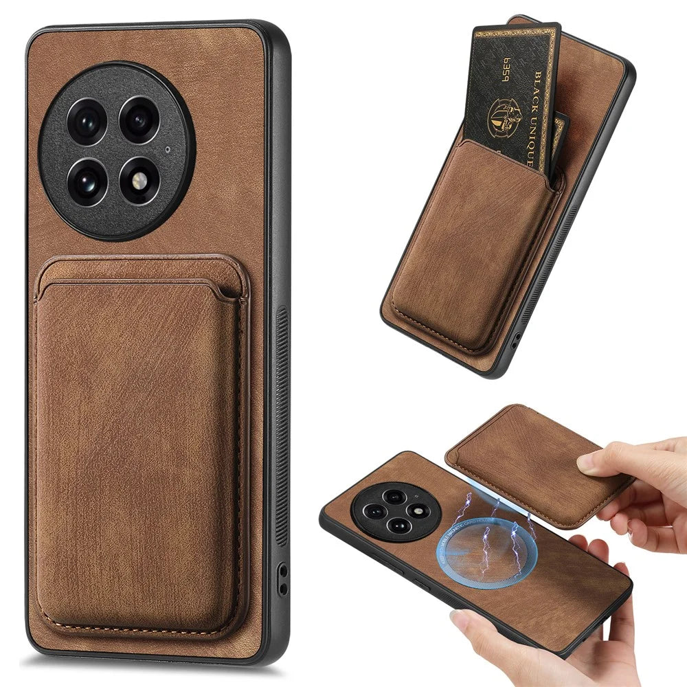 For OnePlus 13 Magnetic Case Leather Back Cover with Detachable Card Holder - Brown - 1