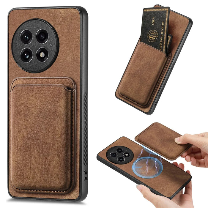 For OnePlus 13 Magnetic Case Leather Back Cover with Detachable Card Holder - Brown - 1
