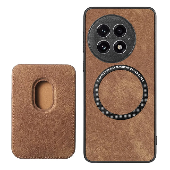 For OnePlus 13 Magnetic Case Leather Back Cover with Detachable Card Holder - Brown - 3
