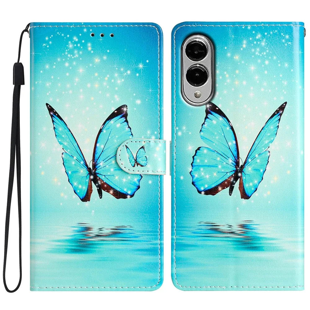For Samsung Galaxy S25 Edge Wallet Case PU Leather Pattern Printing Stand Phone Cover with Strap - Blue Butterfly - 1