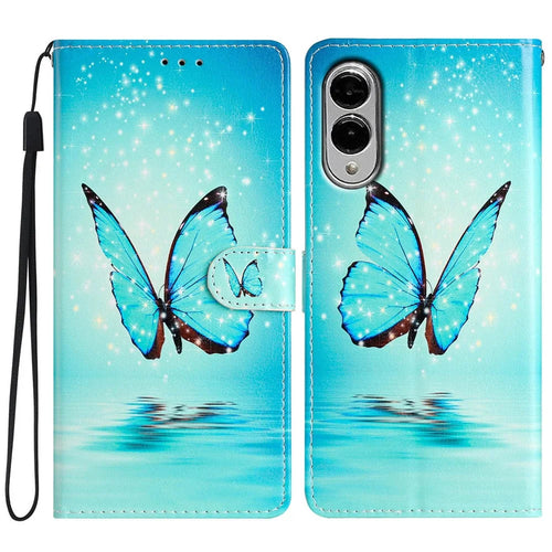For Samsung Galaxy S25 Edge Wallet Case PU Leather Pattern Printing Stand Phone Cover with Strap - Blue Butterfly - 1