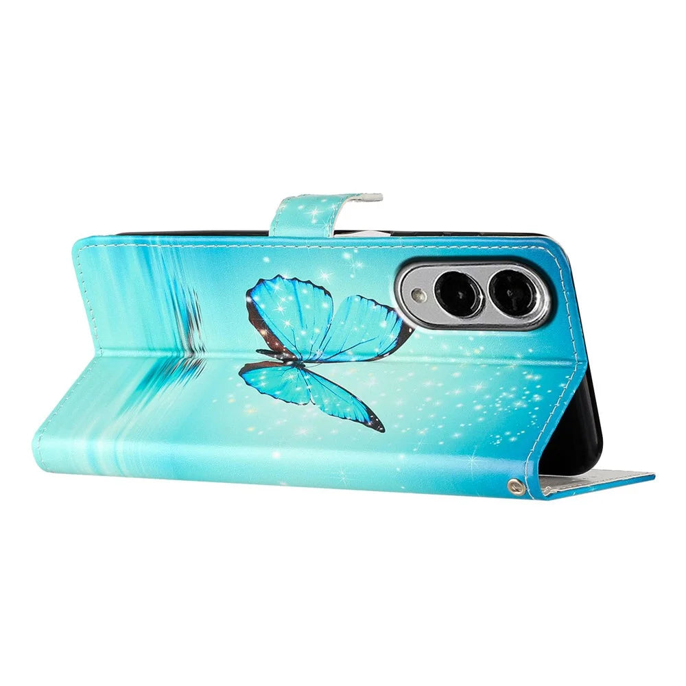 For Samsung Galaxy S25 Edge Wallet Case PU Leather Pattern Printing Stand Phone Cover with Strap - Blue Butterfly - 4