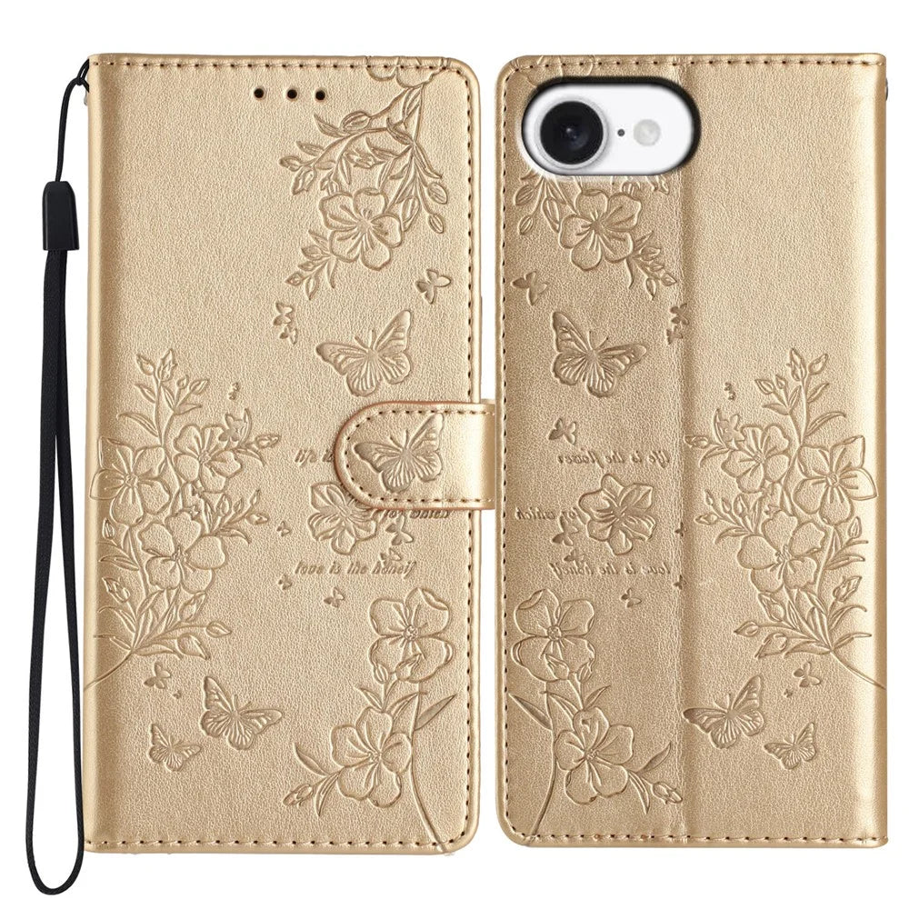 For iPhone 17e / 16e Wallet Phone Case Butterfly Floral Imprint Leather Flip Cover with Strap - Gold - 1