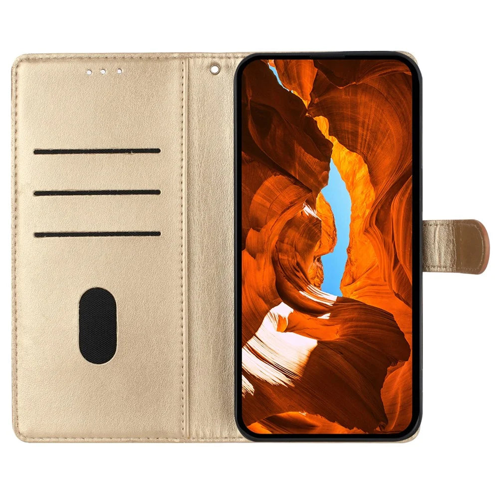 For iPhone 17e / 16e Wallet Phone Case Butterfly Floral Imprint Leather Flip Cover with Strap - Gold - 2
