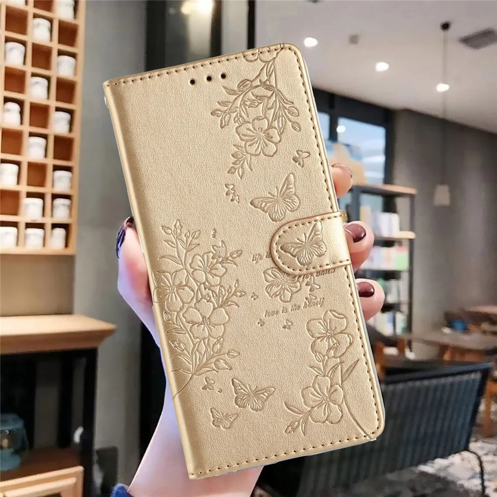 For iPhone 17e / 16e Wallet Phone Case Butterfly Floral Imprint Leather Flip Cover with Strap - Gold - 5