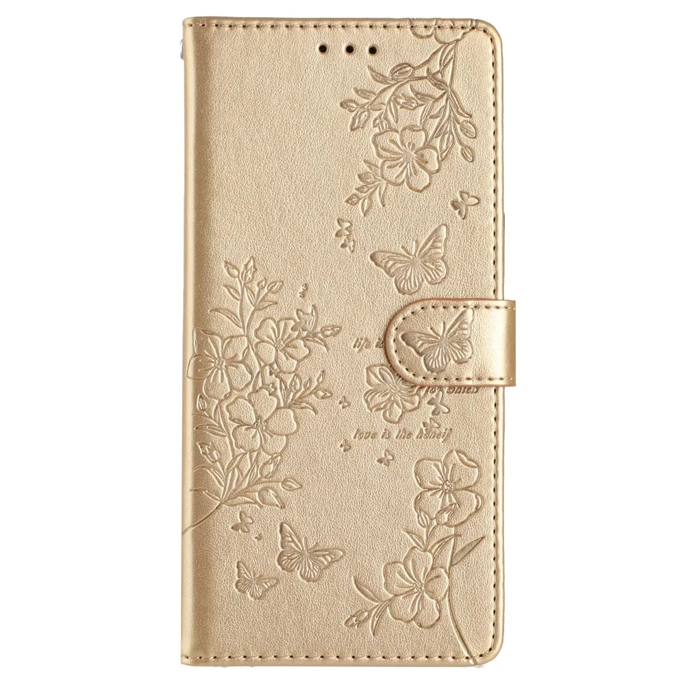 For iPhone 17e / 16e Wallet Phone Case Butterfly Floral Imprint Leather Flip Cover with Strap - Gold - 6