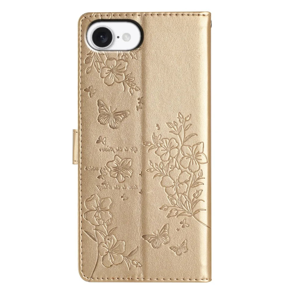For iPhone 17e / 16e Wallet Phone Case Butterfly Floral Imprint Leather Flip Cover with Strap - Gold - 7