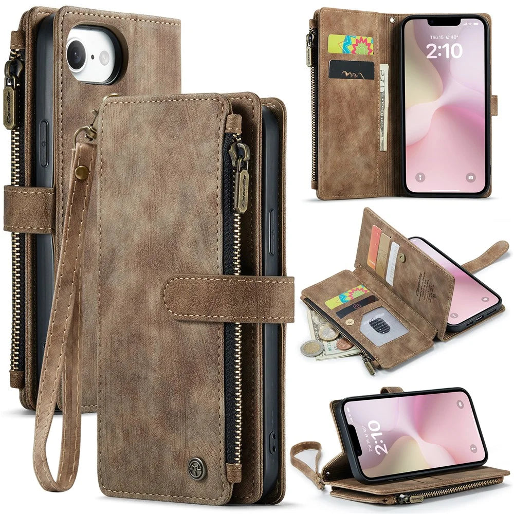 CASEME For iPhone 17e / 16e Phone Cases with Strap  C30 Zipper Multiple Card Holder PU Leather Cover - Brown - 1