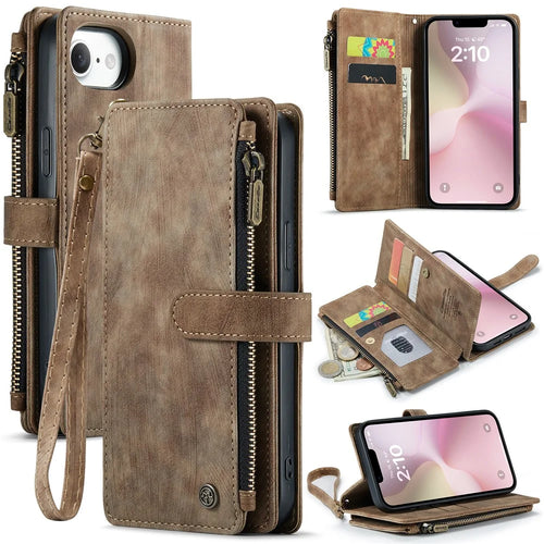 CASEME For iPhone 17e / 16e Phone Cases with Strap  C30 Zipper Multiple Card Holder PU Leather Cover - Brown - 1