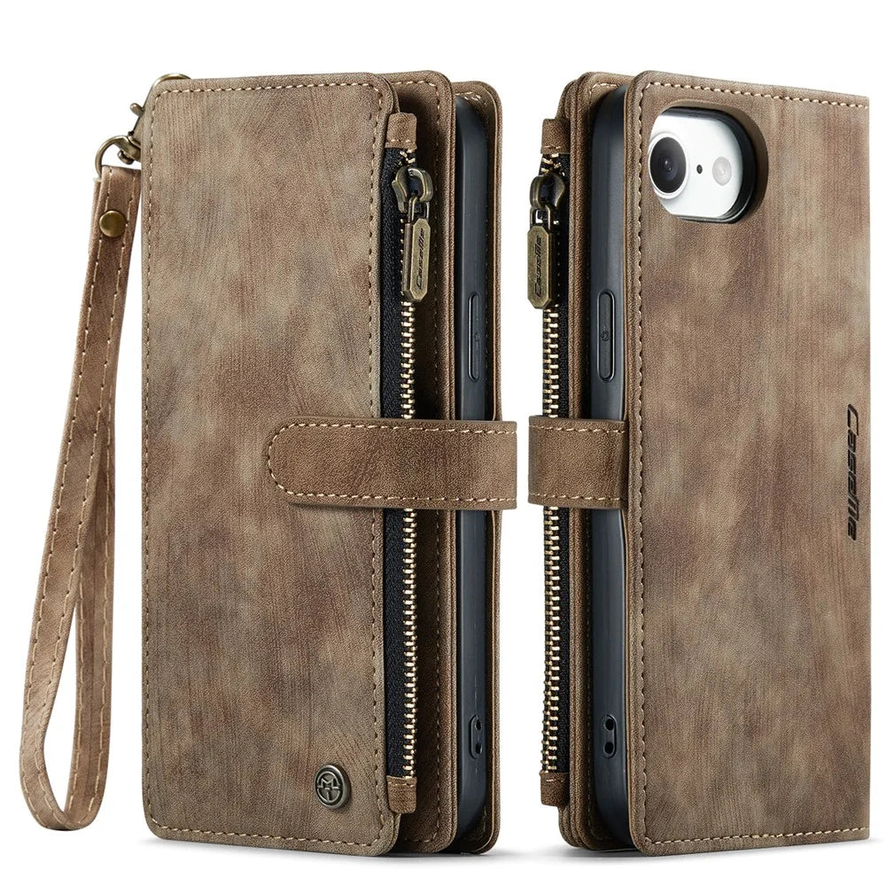 CASEME For iPhone 17e / 16e Phone Cases with Strap  C30 Zipper Multiple Card Holder PU Leather Cover - Brown - 2
