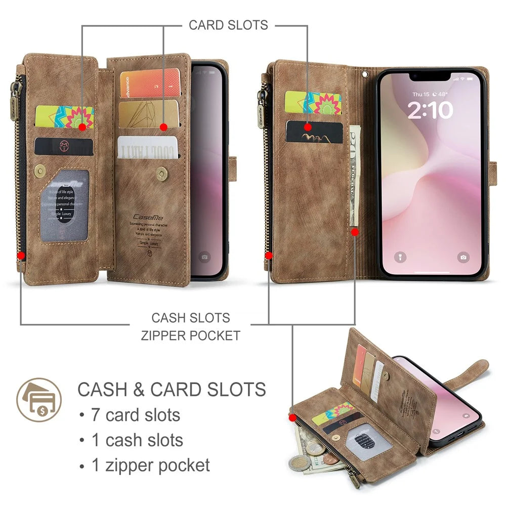 CASEME For iPhone 17e / 16e Phone Cases with Strap  C30 Zipper Multiple Card Holder PU Leather Cover - Brown - 3