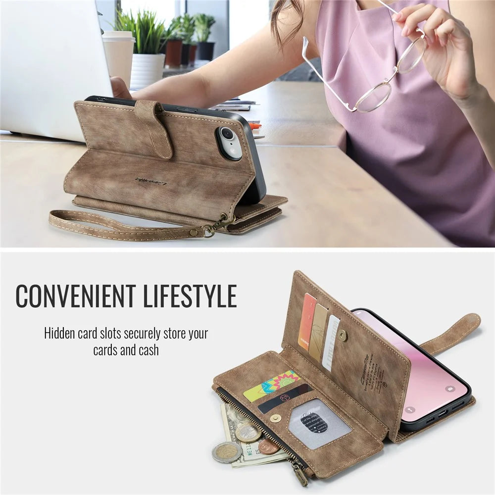 CASEME For iPhone 17e / 16e Phone Cases with Strap  C30 Zipper Multiple Card Holder PU Leather Cover - Brown - 4
