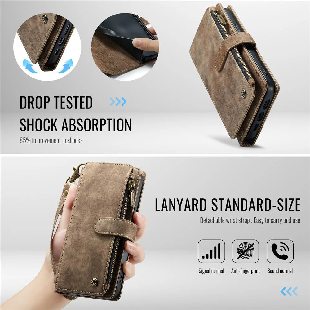 CASEME For iPhone 17e / 16e Phone Cases with Strap  C30 Zipper Multiple Card Holder PU Leather Cover - Brown - 5