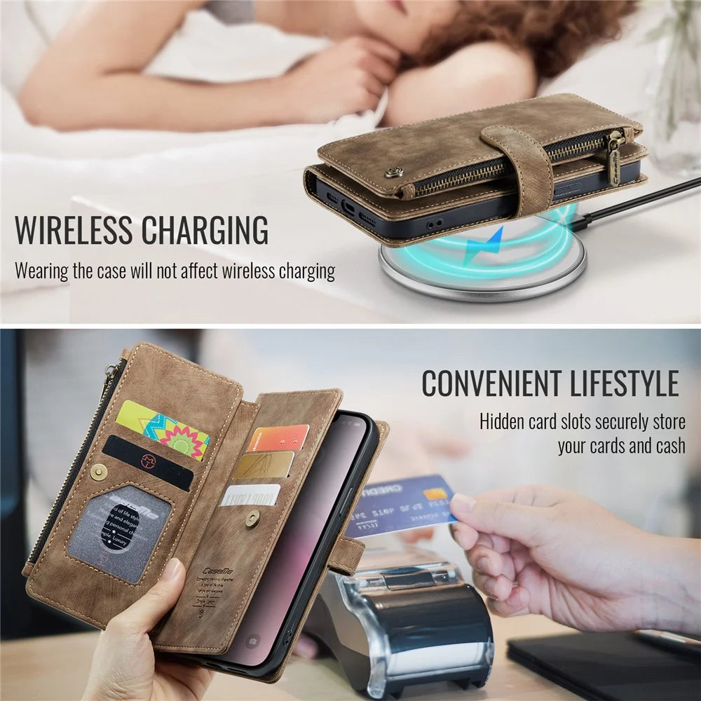 CASEME For iPhone 17e / 16e Phone Cases with Strap  C30 Zipper Multiple Card Holder PU Leather Cover - Brown - 6