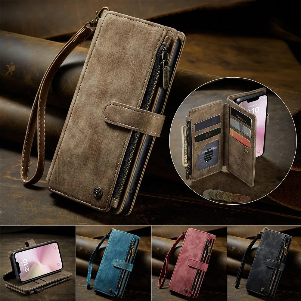 CASEME For iPhone 17e / 16e Phone Cases with Strap  C30 Zipper Multiple Card Holder PU Leather Cover - Brown - 7