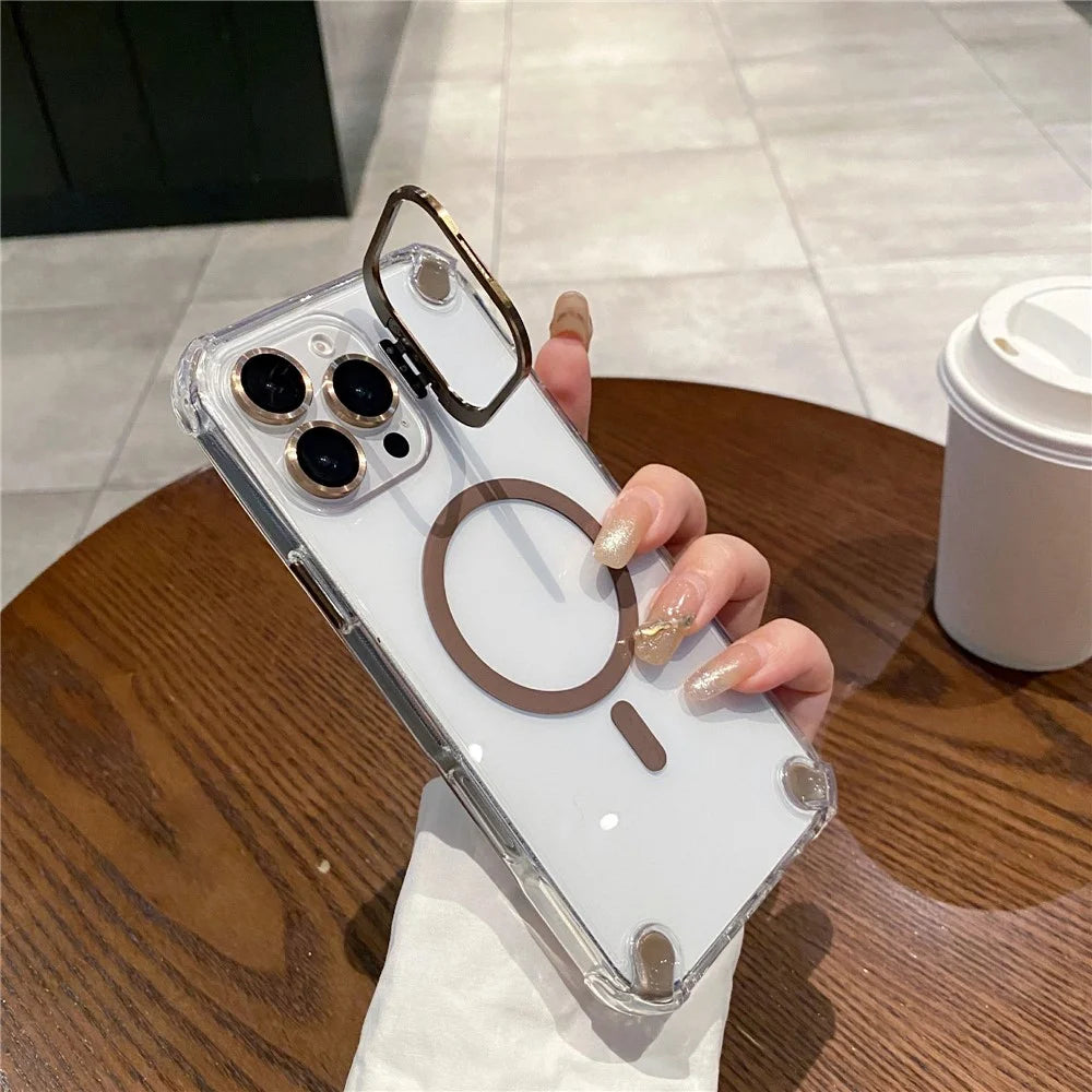 For iPhone 16 Pro Max Magnetic Clear Case Shockproof Hybrid Phone Shell with Camera Lens Frame Kickstand - Brown - 2