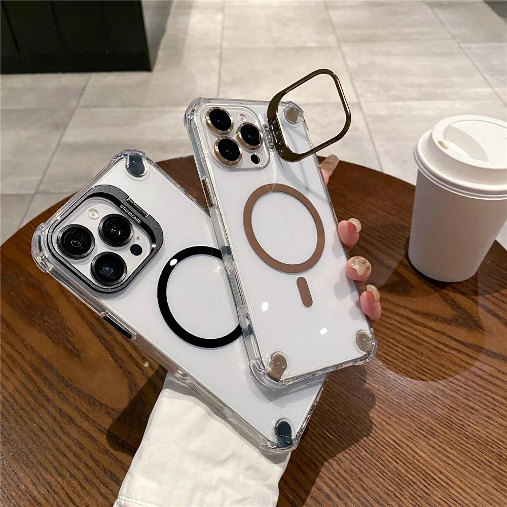 For iPhone 16 Pro Max Magnetic Clear Case Shockproof Hybrid Phone Shell with Camera Lens Frame Kickstand - Brown - 4