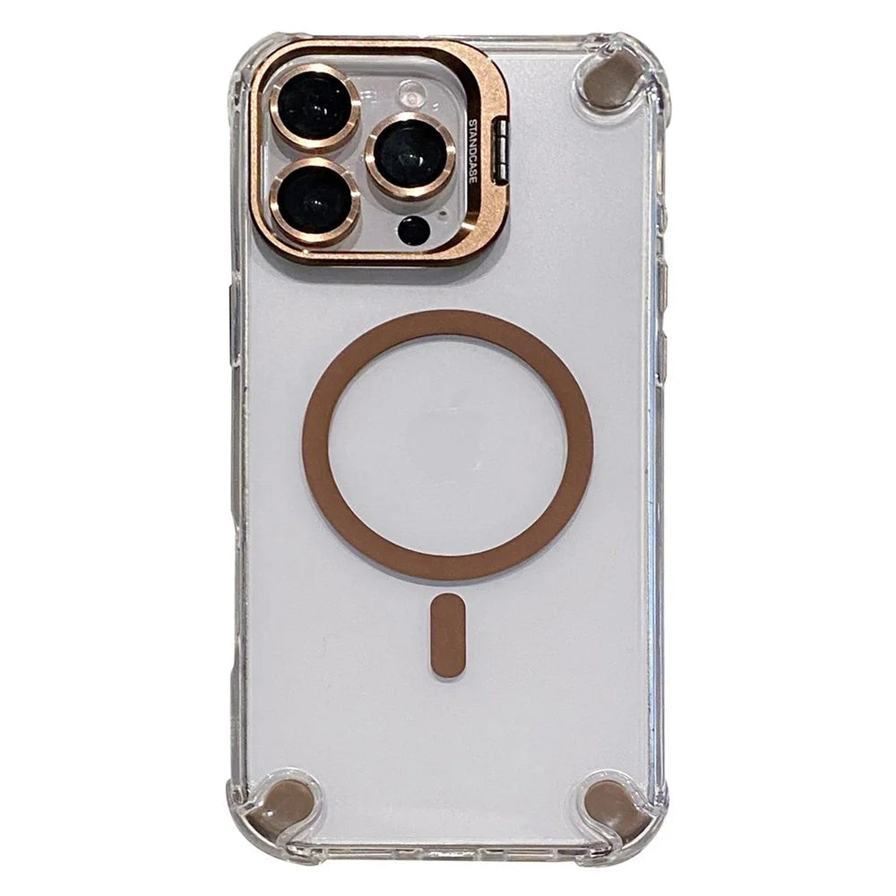 For iPhone 16 Pro Magnetic Clear Case Shockproof Hybrid Phone Shell with Camera Lens Frame Kickstand - Brown - 1