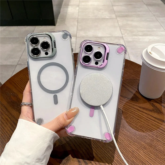 For iPhone 16 Pro Magnetic Clear Case Shockproof Hybrid Phone Shell with Camera Lens Frame Kickstand - Brown - 3