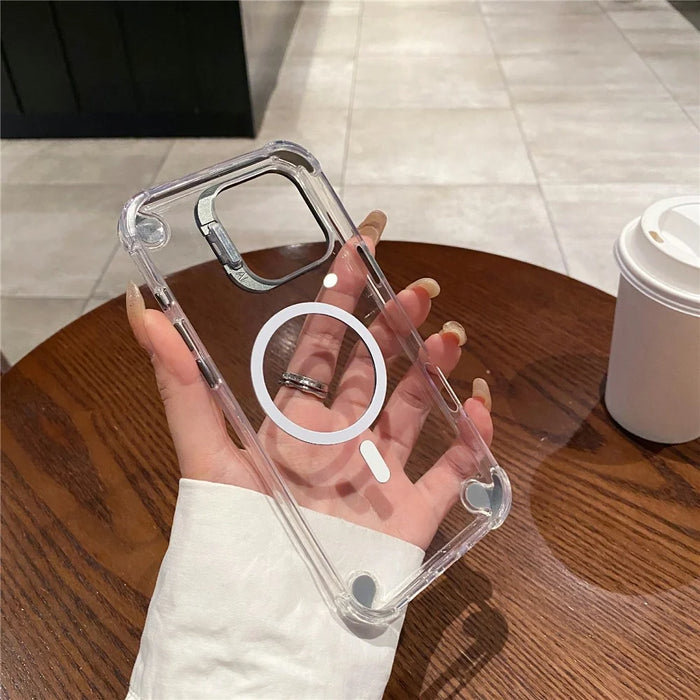 For iPhone 16 Pro Magnetic Clear Case Shockproof Hybrid Phone Shell with Camera Lens Frame Kickstand - Brown - 5