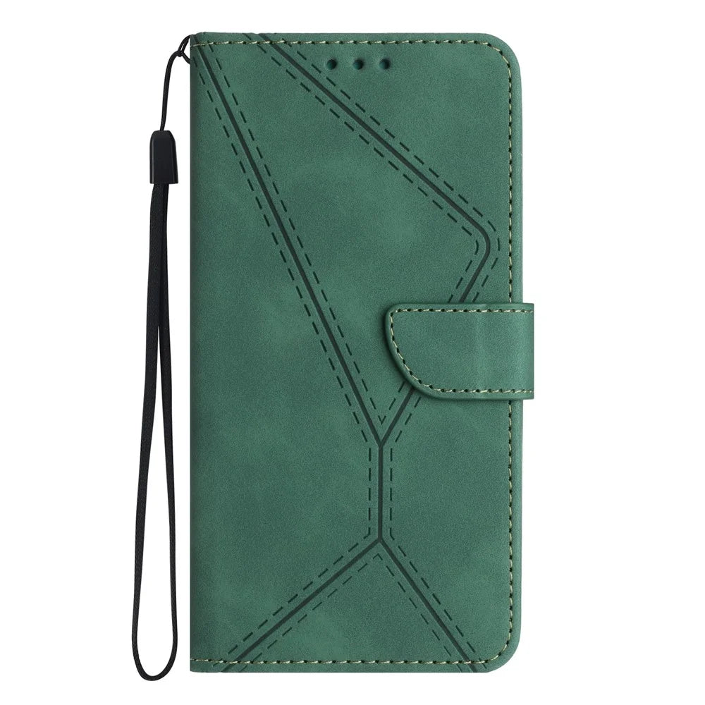For Samsung Galaxy S25 Edge Case Skin Touch Lines Imprinted PU Leather Flip Phone Cover - Green - 7